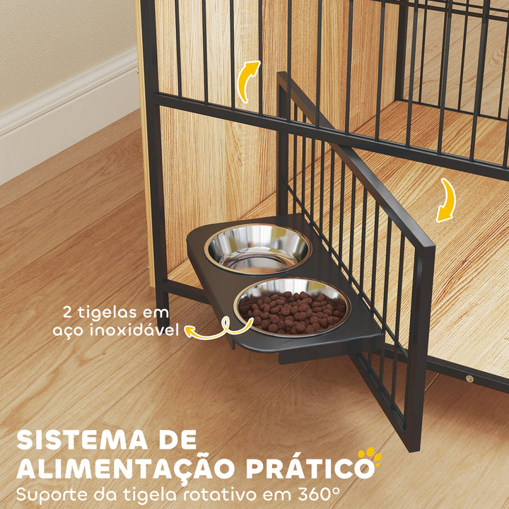 Gaiola para Cães Mesa Auxiliar Moderna Casa para Animais de Estimação com Suporte Giratório com 2 Tigelas 2 Portas e Bancada para Cães Médios 80x56x76,5 cm Madeira e Preto