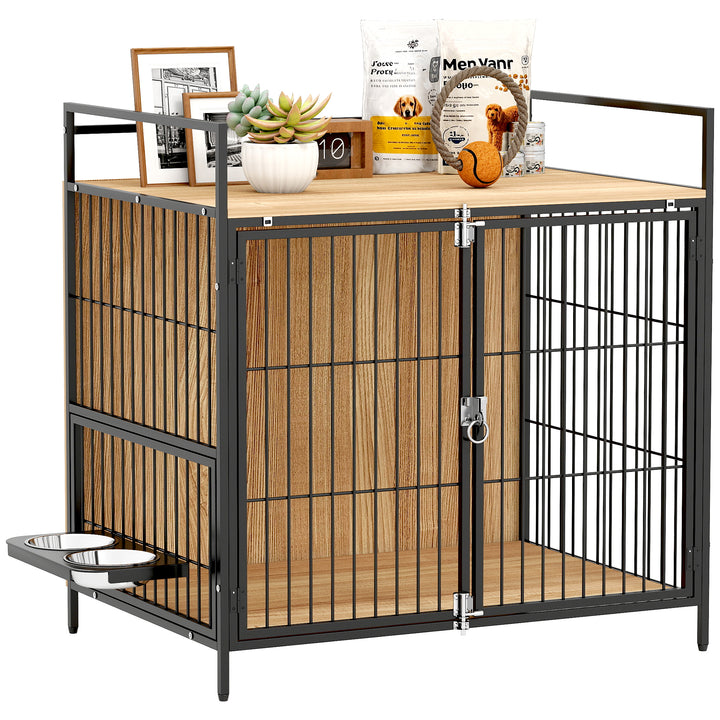 Gaiola para Cães Mesa Auxiliar Moderna Casa para Animais de Estimação com Suporte Giratório com 2 Tigelas 2 Portas e Bancada para Cães Médios 80x56x76,5 cm Madeira e Preto