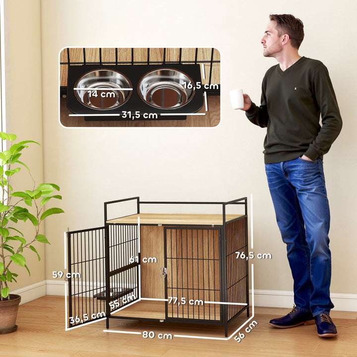 Gaiola para Cães Mesa Auxiliar Moderna Casa para Animais de Estimação com Suporte Giratório com 2 Tigelas 2 Portas e Bancada para Cães Médios 80x56x76,5 cm Madeira e Preto