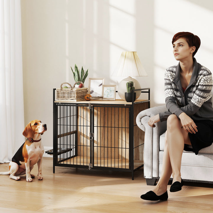 Gaiola para Cães Mesa Auxiliar Moderna Casa para Animais de Estimação com Suporte Giratório com 2 Tigelas 2 Portas e Bancada para Cães Médios 80x56x76,5 cm Madeira e Preto