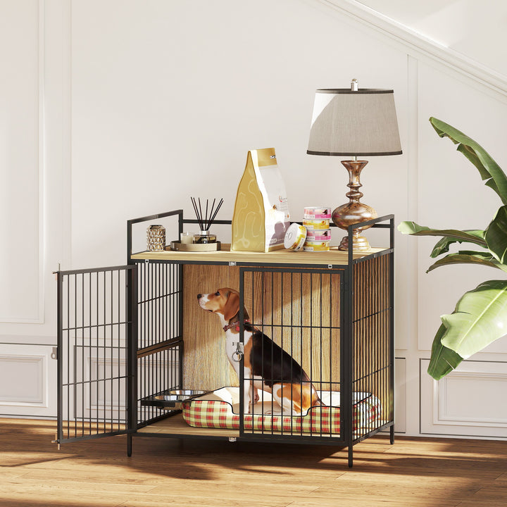 Gaiola para Cães Mesa Auxiliar Moderna Casa para Animais de Estimação com Suporte Giratório com 2 Tigelas 2 Portas e Bancada para Cães Médios 80x56x76,5 cm Madeira e Preto