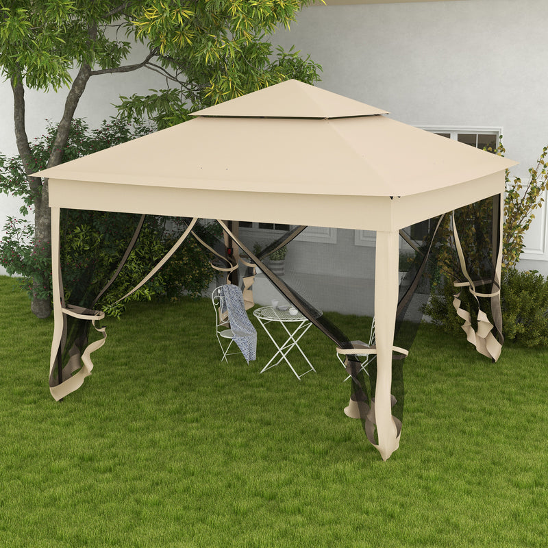 Tenda Dobrável de Exterior 325x325x270 cm Tenda de Jardim com Teto Duplo Rede Mosquiteira Amovível e Bolsa de Transporte para Jardim Pátio Creme