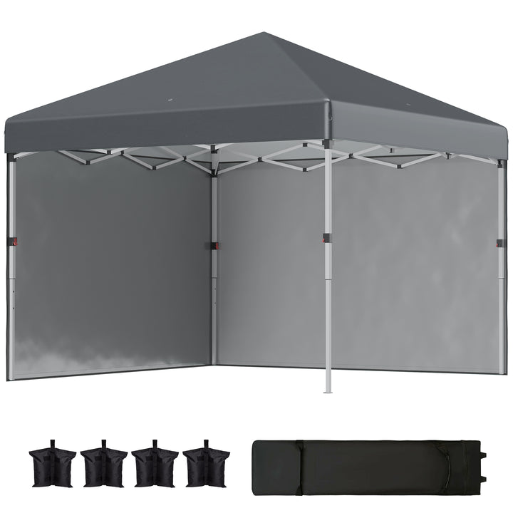 Tenda Dobrável Pop-up 297x297x288 cm Tenda para Eventos com 2 Paredes Laterais Anti-UV Altura Ajustável em 3 Níveis Sacos de Areia e Bolsa de Transporte com Rodas para Campismo Festas Cinzento Escuro