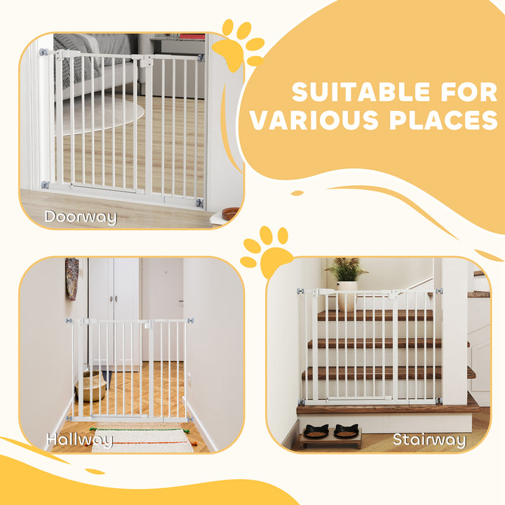 Barreira metálica de segurança para Animais de estimação Cães com extensões de 17,5 cm Sistema de fechamento automático 74,5-84,5x76,2 cm Branco
