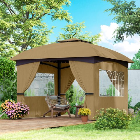 Tenda de Jardim 3,35x3,35 m Tenda de Exterior com Teto Duplo Paredes Laterais Anti-UV e Janelas Tenda para Eventos Bege