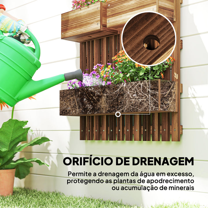 Floreira de Parede com Treliça Floreira Vertical de Madeira com 4 Vasos Móveis e Orifício de Drenagem para Jardim Varanda Pátio 60x16x80 cm Madeira Carbonizada