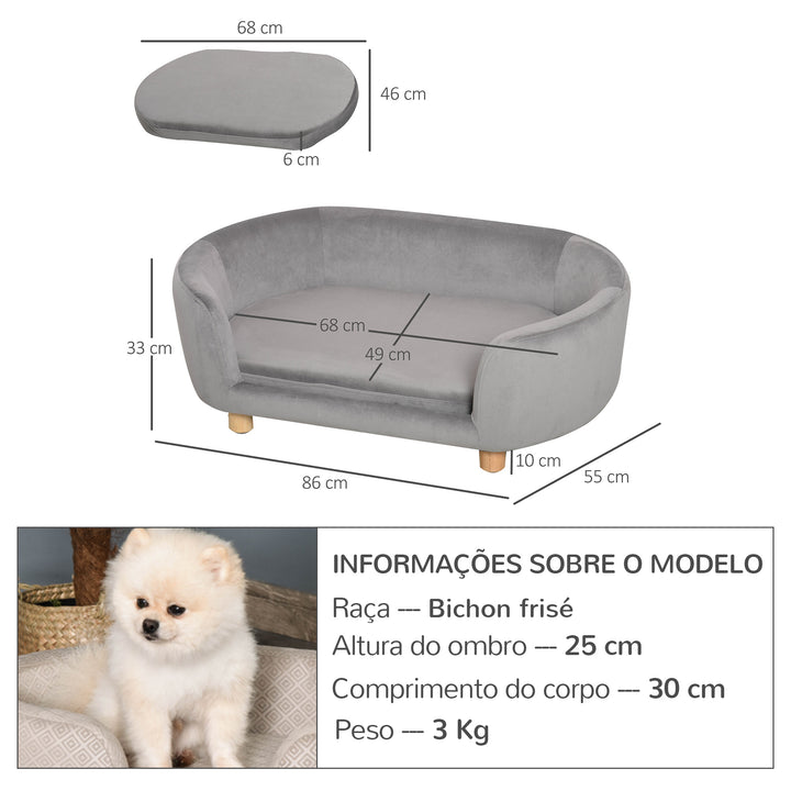 Sofá para Cães Pequenos Cama Elevada para Cães com Pés de Madeira Almofada Removível e Capa Lavável Carga 10 kg 86x55x33 cm Cinzento Claro