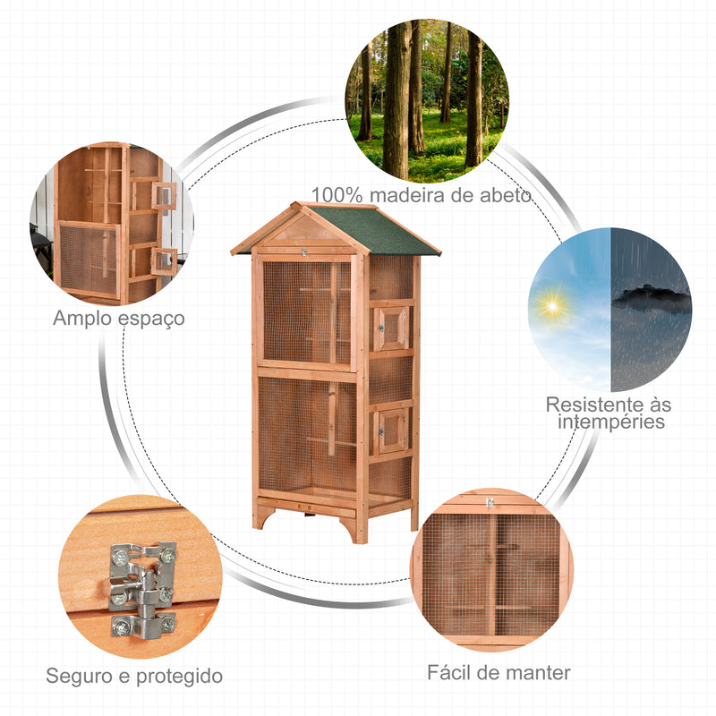 Gaiola para Pássaros Gaiola para Pássaros de Madeira com 3 Portas 4 Poleiros Bandeja Amovível e Teto Asfáltico 80,5x57x153 cm Natural