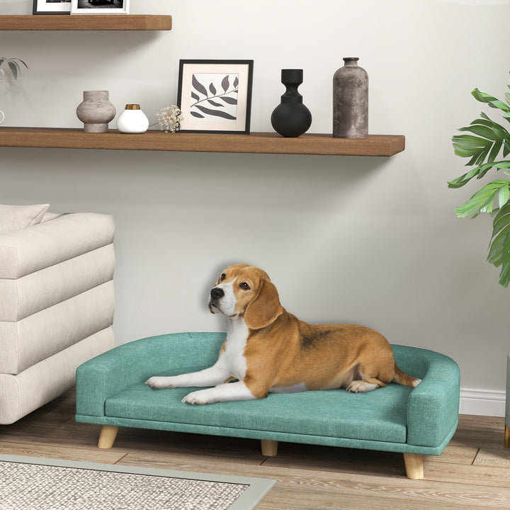 Sofá para Cães Cama Elevada para Cães Estofada com Almofada Lavável e Pés de Madeira de Pinho Carga Máxima 40 kg 98x67x25 cm Verde