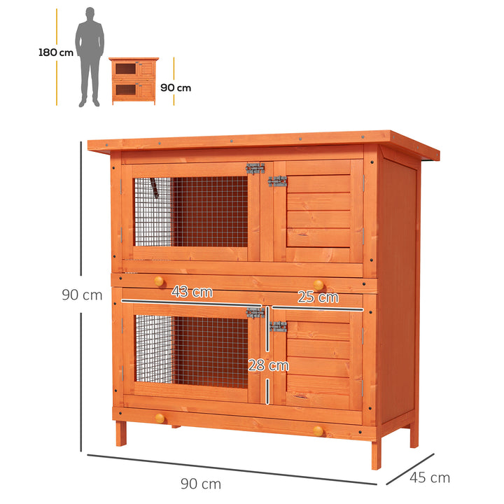 Coelheira de Madeira Exterior de 2 Níveis Gaiola para 1-2 Coelhos Animais Pequenos com Teto Asfáltico Dobrável e 2 Bandejas Removíveis 90x45x90cm Madeira