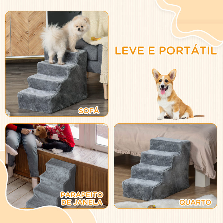Escada para Animais de Estimação com 4 Degraus 2 em 1 com Capa Removível e Lavável Escada para Cães Gatos Carga 30kg 60x35x44cm Cinza