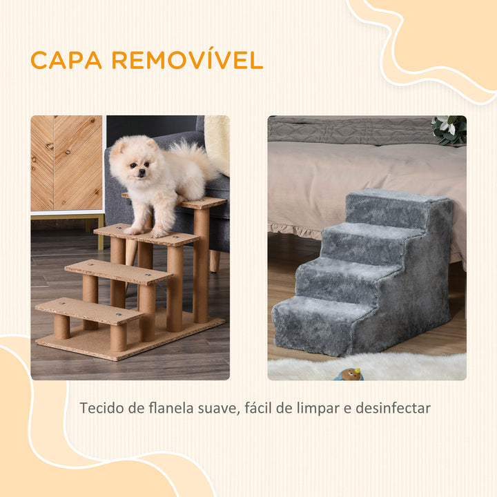 Escada para Animais de Estimação com 4 Degraus 2 em 1 com Capa Removível e Lavável Escada para Cães Gatos Carga 30kg 60x35x44cm Cinza