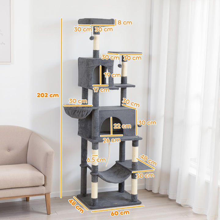 Arranhador para Gatos 202 cm Torre de Escalada com Plataformas Plataformas Caverna Postes de Sisal Bolas e Corda para Brincar Cinzento