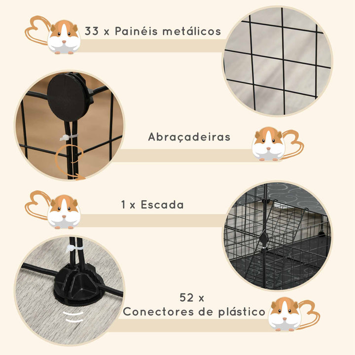 Recinto para Pequenos Animais Recinto Metálico para Animais com Forma Personalizável para Coelhos Porquinho da Índia 175x105x70 cm Preto