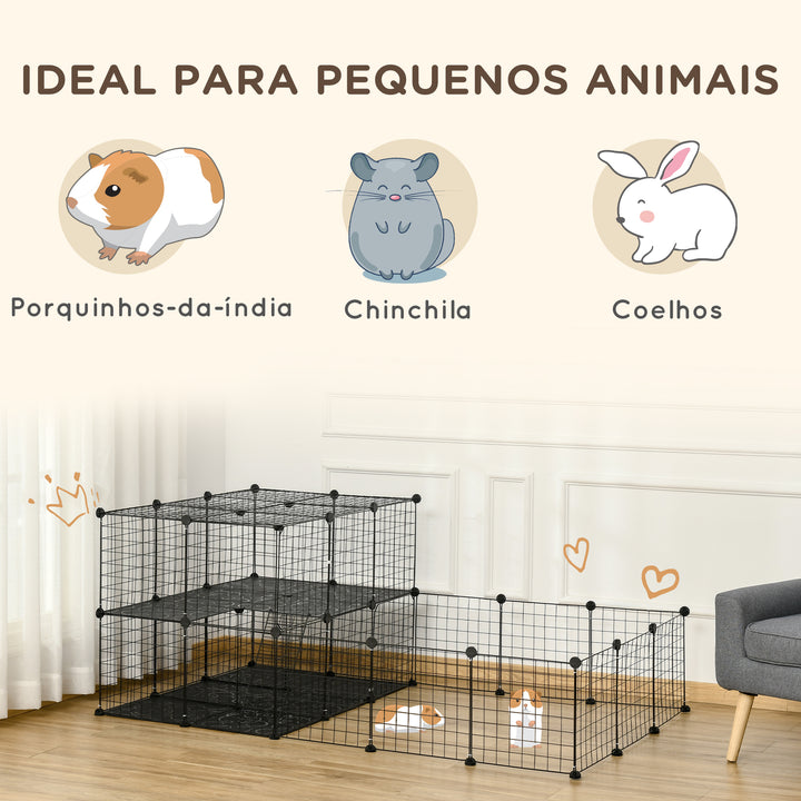 Recinto para Pequenos Animais Recinto Metálico para Animais com Forma Personalizável para Coelhos Porquinho da Índia 175x105x70 cm Preto