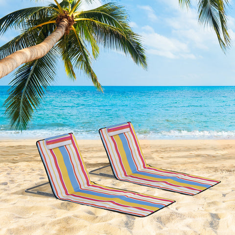 Conjunto de 2 Esteiras de Praia Dobráveis 124x53x50cm com Encosto Ajustável e Apoio para a Cabeça Esteira de Praia Tecido Oxford Aço com Bolsa de Transporte Multicor