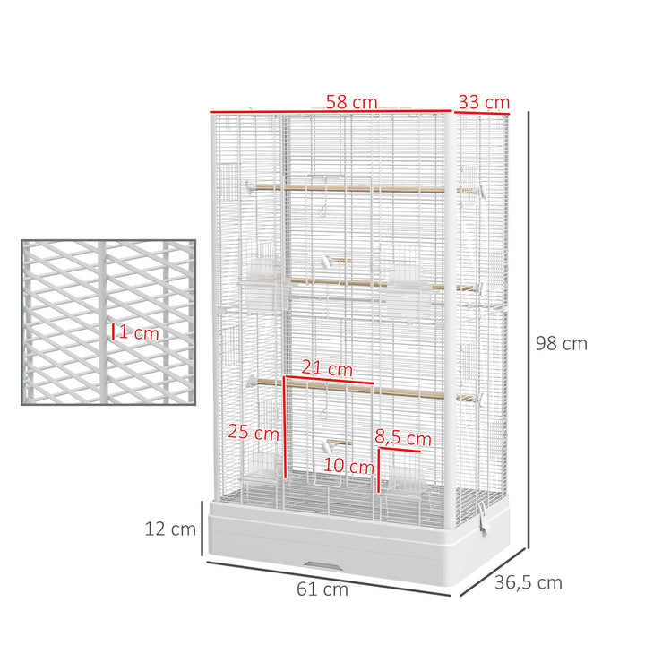 Gaiola para Pássaros 61x36,5x98 cm Gaiola para Aves com Portas Poleiros Bandeja Removível Caixas de Comida e Alças para Canários Periquitos Branco