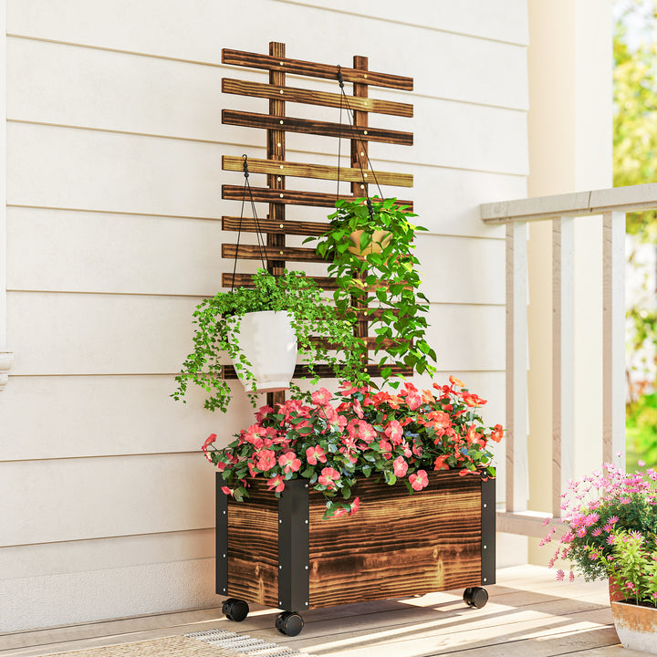 Floreira Exterior de Madeira Floreira com Treliça para Plantas Trepadeiras Tecido não Tecido Rodas e Cantos Metálicos de Dupla Camada para Pátio Varanda 65x31x147 cm Madeira
