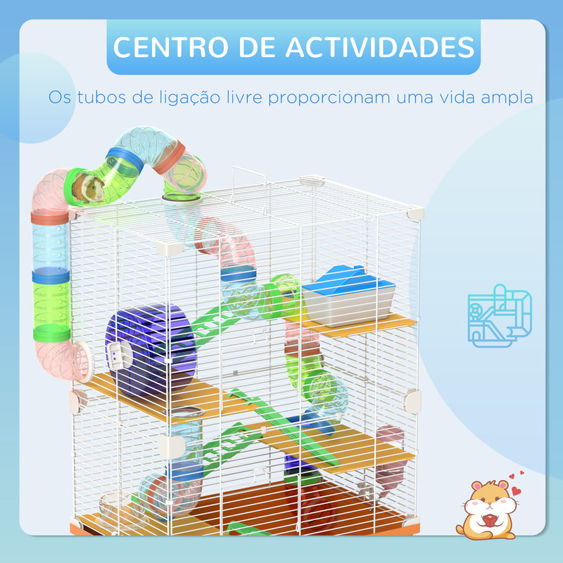 Gaiola para Hamster Gaiola para Pequenos Roedores com Túnel Plataforma Comedouro Bebedouro Casa Rampas e Roda de Exercício 46x30x58 cm Laranja