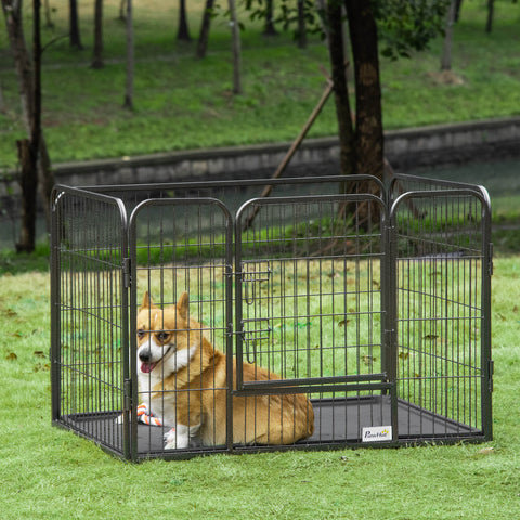 Barreira de Segurança para Animais de Estimação Parque de Diversão para Animais com 4 Painéis de Aço 109x74x71cm com Porta de Trava Dupla e Bandeja Removível para Exterior Interior Cinza