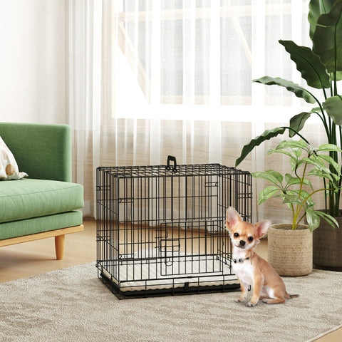 Gaiola para Cães com Almofada Gaiola para Animal de Estimação Dobrável com 2 Portas Alça de Transporte Bandeja Removível Aço 60x40x50 cm Preto e Bege