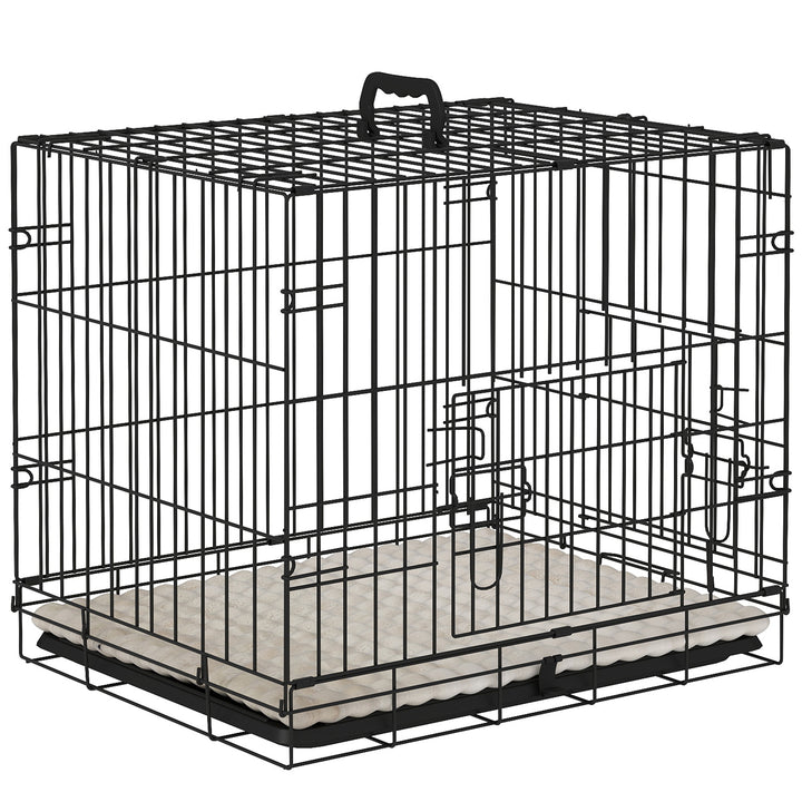 Gaiola para Cães com Almofada Gaiola para Animal de Estimação Dobrável com 2 Portas Alça de Transporte Bandeja Removível Aço 60x40x50 cm Preto e Bege