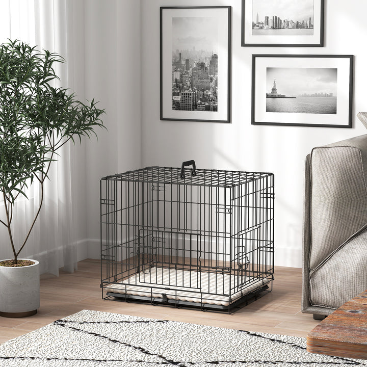 Gaiola para Cães com Almofada Gaiola para Animal de Estimação Dobrável com 2 Portas Alça de Transporte Bandeja Removível Aço 60x40x50 cm Preto e Bege