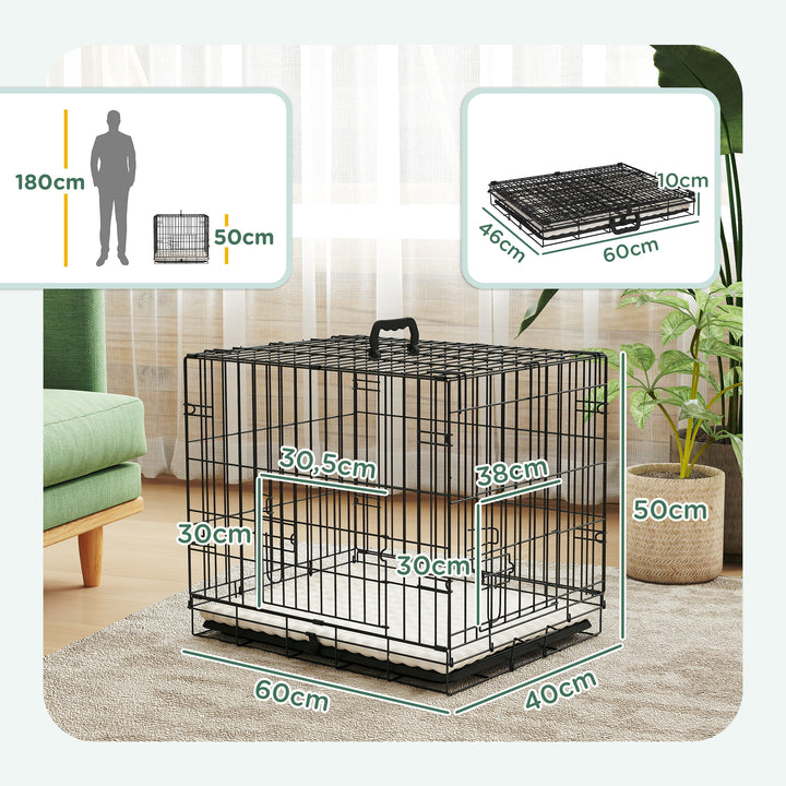 Gaiola para Cães com Almofada Gaiola para Animal de Estimação Dobrável com 2 Portas Alça de Transporte Bandeja Removível Aço 60x40x50 cm Preto e Bege