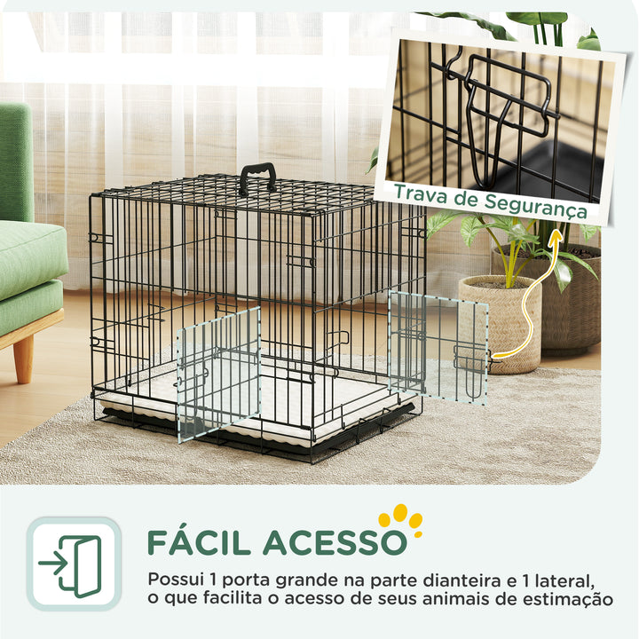 Gaiola para Cães com Almofada Gaiola para Animal de Estimação Dobrável com 2 Portas Alça de Transporte Bandeja Removível Aço 60x40x50 cm Preto e Bege