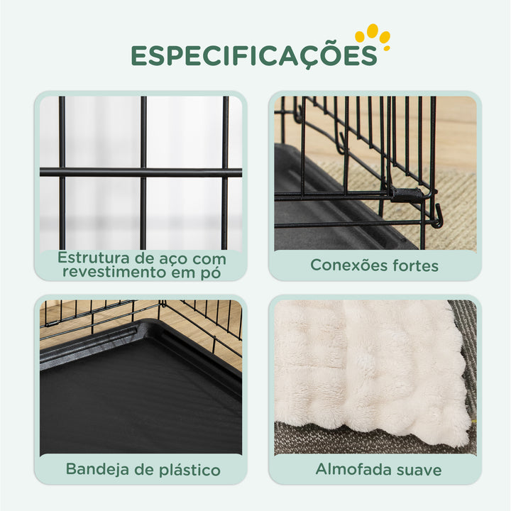 Gaiola para Cães com Almofada Gaiola para Animal de Estimação Dobrável com 2 Portas Alça de Transporte Bandeja Removível Aço 60x40x50 cm Preto e Bege