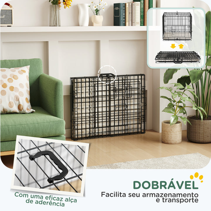 Gaiola para Cães com Almofada Gaiola para Animal de Estimação Dobrável com 2 Portas Alça de Transporte Bandeja Removível Aço 60x40x50 cm Preto e Bege