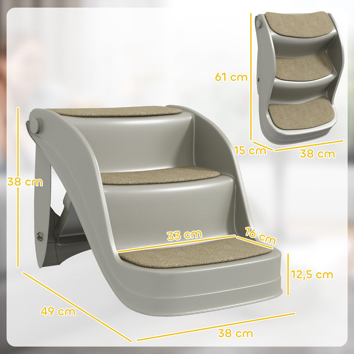 Escada para Cães de 3 Degraus Dobrável Escada de Plástico para Animais de Estimação com Tapetes Antiderrapantes para Cama Sofá Carga 15 kg 49x38x38 cm Cinzento