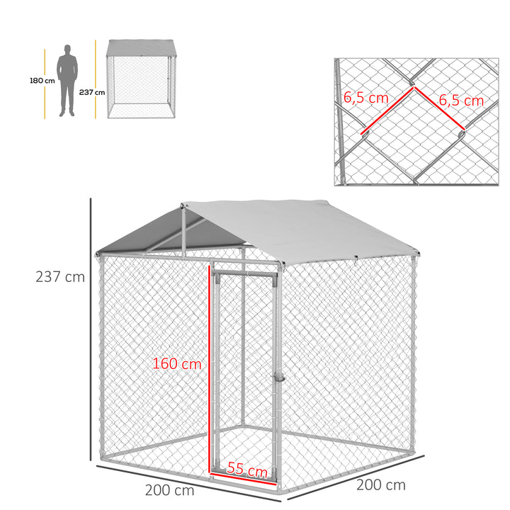 Canil de Exterior para Cães Médios Gaiola para Cães com Fechadura Estrutura de Aço Toldo Impermeável e Anti-UV 200x200x237 cm Prata