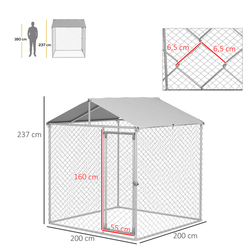 Canil de Exterior para Cães Médios Gaiola para Cães com Fechadura Estrutura de Aço Toldo Impermeável e Anti-UV 200x200x237 cm Prata