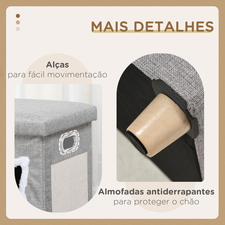 Cama Caverna para Gatos 2 em 1 Casa para Gatos Interior Tipo Apoio para os Pés com Almofada Amovível Bola Suspensa e Almofada para Arranhar 35,5x35,5x42,5 cm Cinza