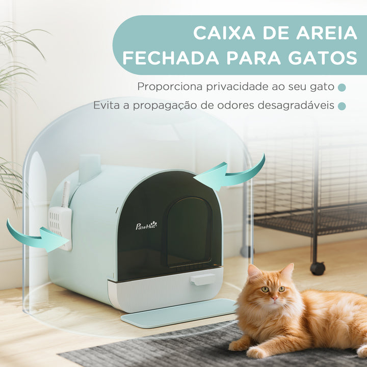 Caixa de Areia para Gatos Caixa de Areia Fechada para Gatos com Porta Dianteira Bandeja Removível Pá Tapete e Filtro 43x44x47cm Verde