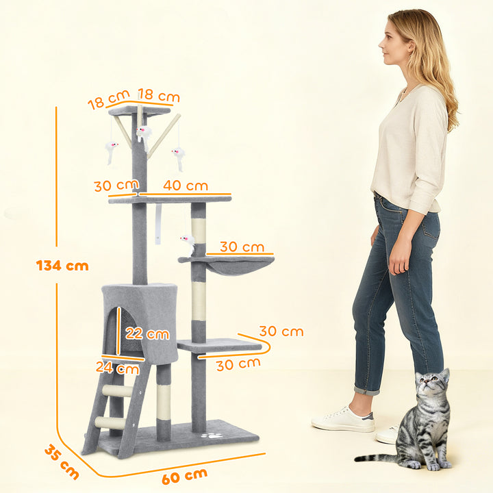 Arranhador para Gatos de 134 cm Torre para Gatos com Caverna Plataformas Rato de Brinquedo Rede e Postes de Sisal 60x35x134 cm Cinzento