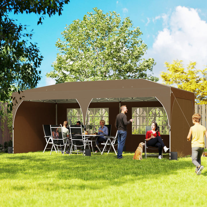 Tenda Dobrável 6x3 m Pop-up com 4 Laterais Amovíveis Tenda de Jardim com Faixas Refletoras Altura Ajustável Sistema Central de Bloqueio UPF50+ Impermeável Bolsa de Transporte Bege