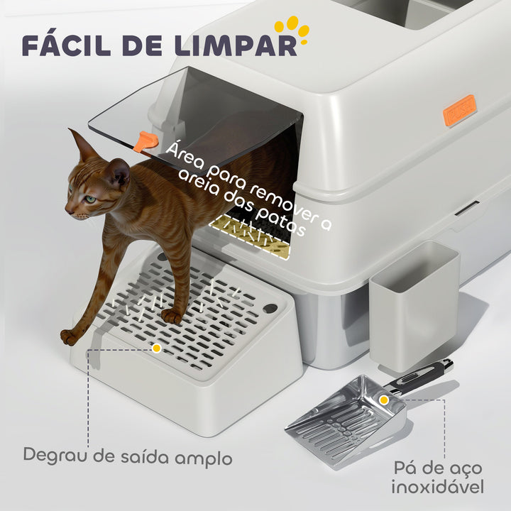 Caixa de Areia para Gatos Fechada de Aço Inoxidável Caixa de Areia para Gatos com Abertura de Saída e Pá de Aço Inoxidável 60,2x40,5x40,5 cm Cinza Claro
