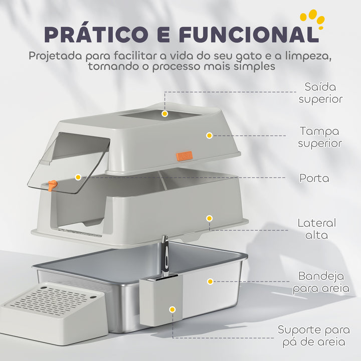 Caixa de Areia para Gatos Fechada de Aço Inoxidável Caixa de Areia para Gatos com Abertura de Saída e Pá de Aço Inoxidável 60,2x40,5x40,5 cm Cinza Claro
