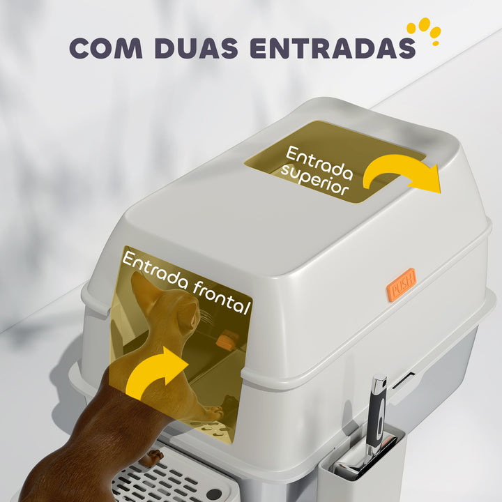 Caixa de Areia para Gatos Fechada de Aço Inoxidável Caixa de Areia para Gatos com Abertura de Saída e Pá de Aço Inoxidável 60,2x40,5x40,5 cm Cinza Claro