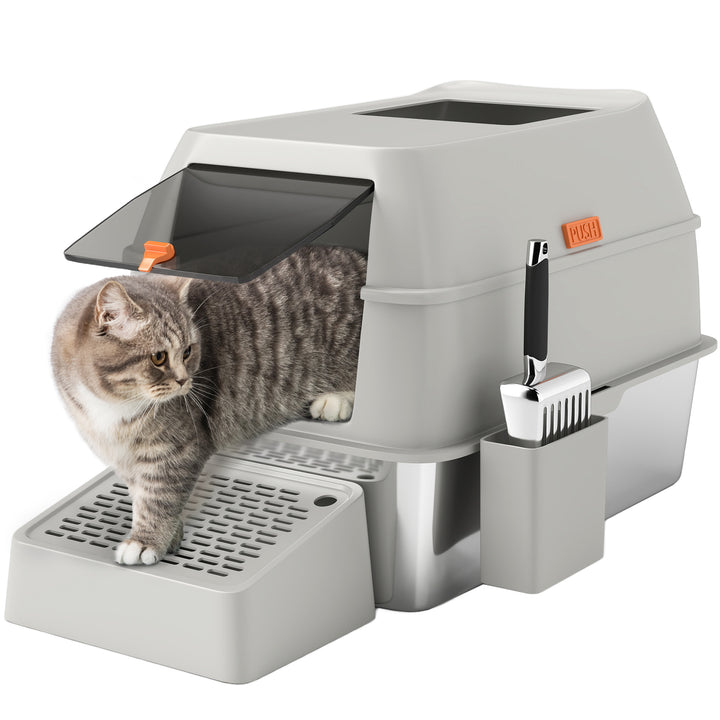 Caixa de Areia para Gatos Fechada de Aço Inoxidável Caixa de Areia para Gatos com Abertura de Saída e Pá de Aço Inoxidável 60,2x40,5x40,5 cm Cinza Claro
