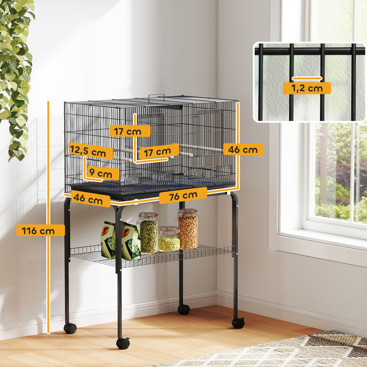 Gaiola para Pássaros com Divisória Gaiola com Rodas para Aves Papagaios Canários Gaiola para Aves com Comedouros Poleiros e Bandeja Removível, 76x46x116 cm Preto
