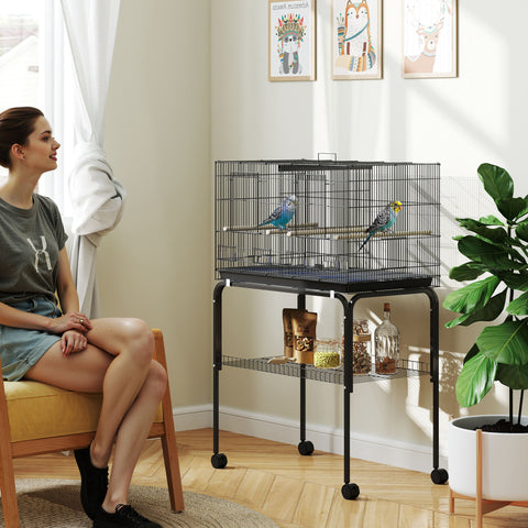 Gaiola para Pássaros com Divisória Gaiola com Rodas para Aves Papagaios Canários Gaiola para Aves com Comedouros Poleiros e Bandeja Removível, 76x46x116 cm Preto