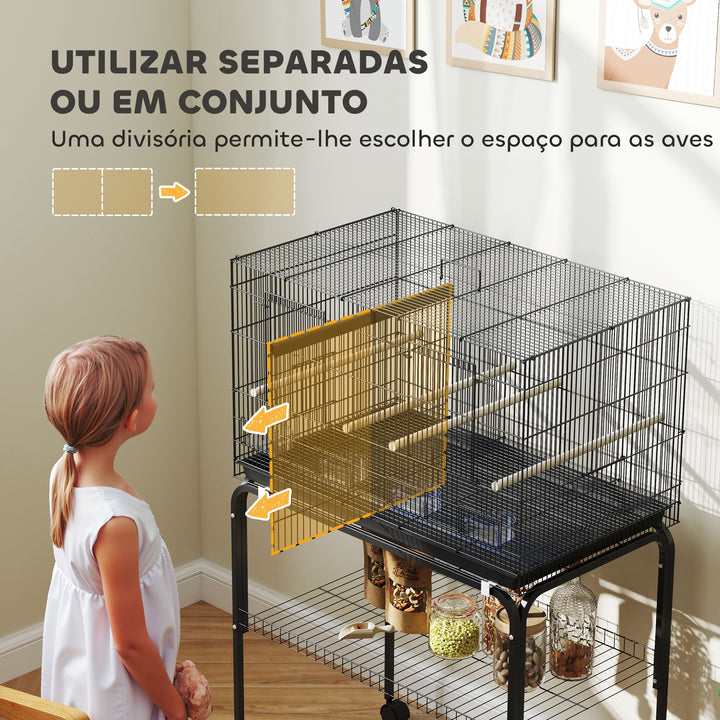 Gaiola para Pássaros com Divisória Gaiola com Rodas para Aves Papagaios Canários Gaiola para Aves com Comedouros Poleiros e Bandeja Removível, 76x46x116 cm Preto
