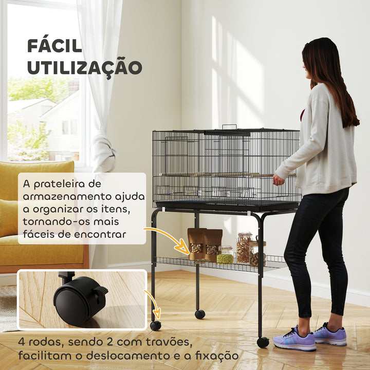 Gaiola para Pássaros com Divisória Gaiola com Rodas para Aves Papagaios Canários Gaiola para Aves com Comedouros Poleiros e Bandeja Removível, 76x46x116 cm Preto