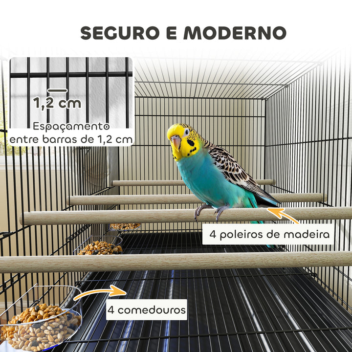 Gaiola para Pássaros com Divisória Gaiola com Rodas para Aves Papagaios Canários Gaiola para Aves com Comedouros Poleiros e Bandeja Removível, 76x46x116 cm Preto