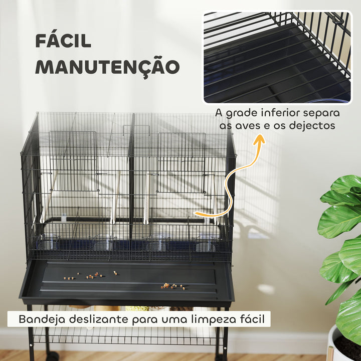 Gaiola para Pássaros com Divisória Gaiola com Rodas para Aves Papagaios Canários Gaiola para Aves com Comedouros Poleiros e Bandeja Removível, 76x46x116 cm Preto