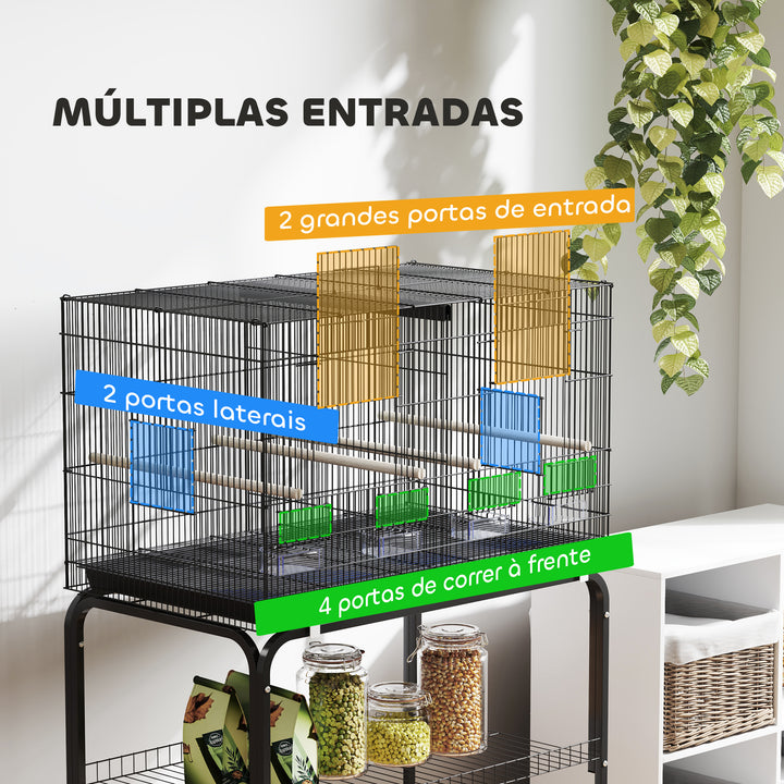 Gaiola para Pássaros com Divisória Gaiola com Rodas para Aves Papagaios Canários Gaiola para Aves com Comedouros Poleiros e Bandeja Removível, 76x46x116 cm Preto
