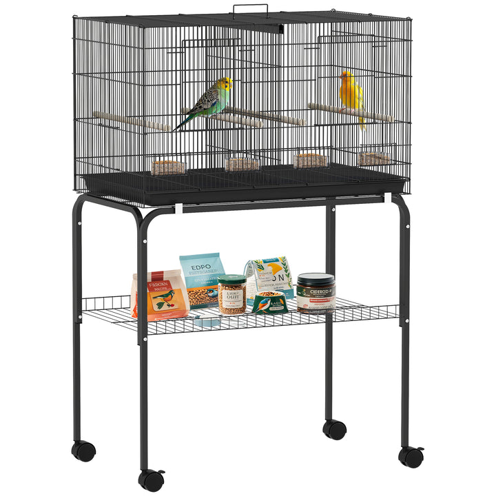Gaiola para Pássaros com Divisória Gaiola com Rodas para Aves Papagaios Canários Gaiola para Aves com Comedouros Poleiros e Bandeja Removível, 76x46x116 cm Preto